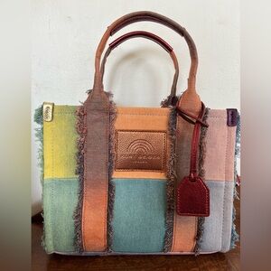 Kurt Geiger Small Southbank Tote Multicolor Denim Patchwork EUC Rainbow